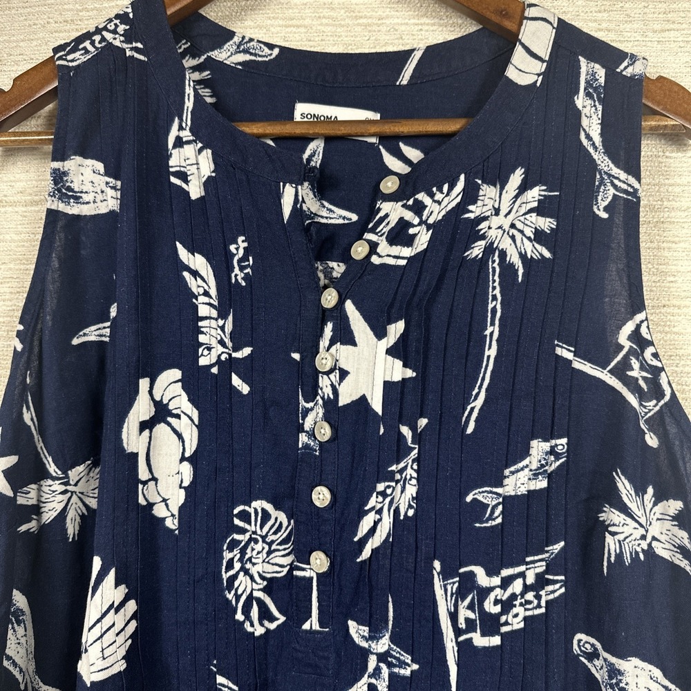 Sonoma Linen Blend Beach Print Pocket Swing Dress Plus Size 0X Coastal Beach - Picture 2 of 10